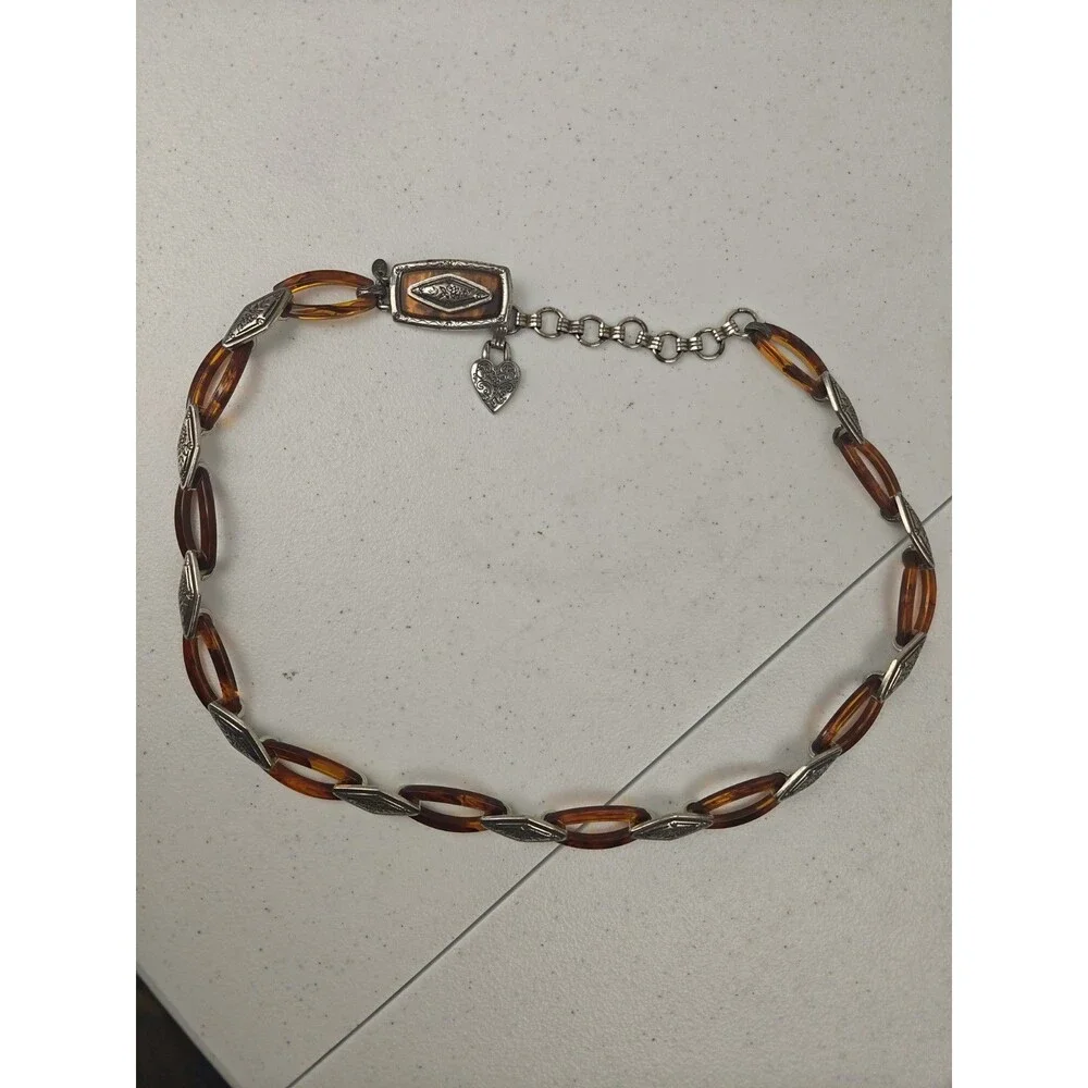 Vintage Women Brighton  32” Silver & Tortoise Lucite Chain Link Hobo Hippie Belt